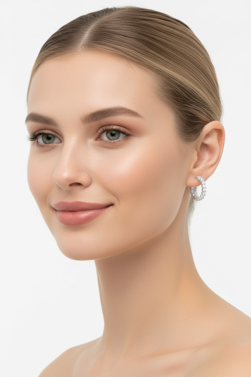 Sterling Silver, 15.5mm Prong-Crystal Huggie Hoop Earrings