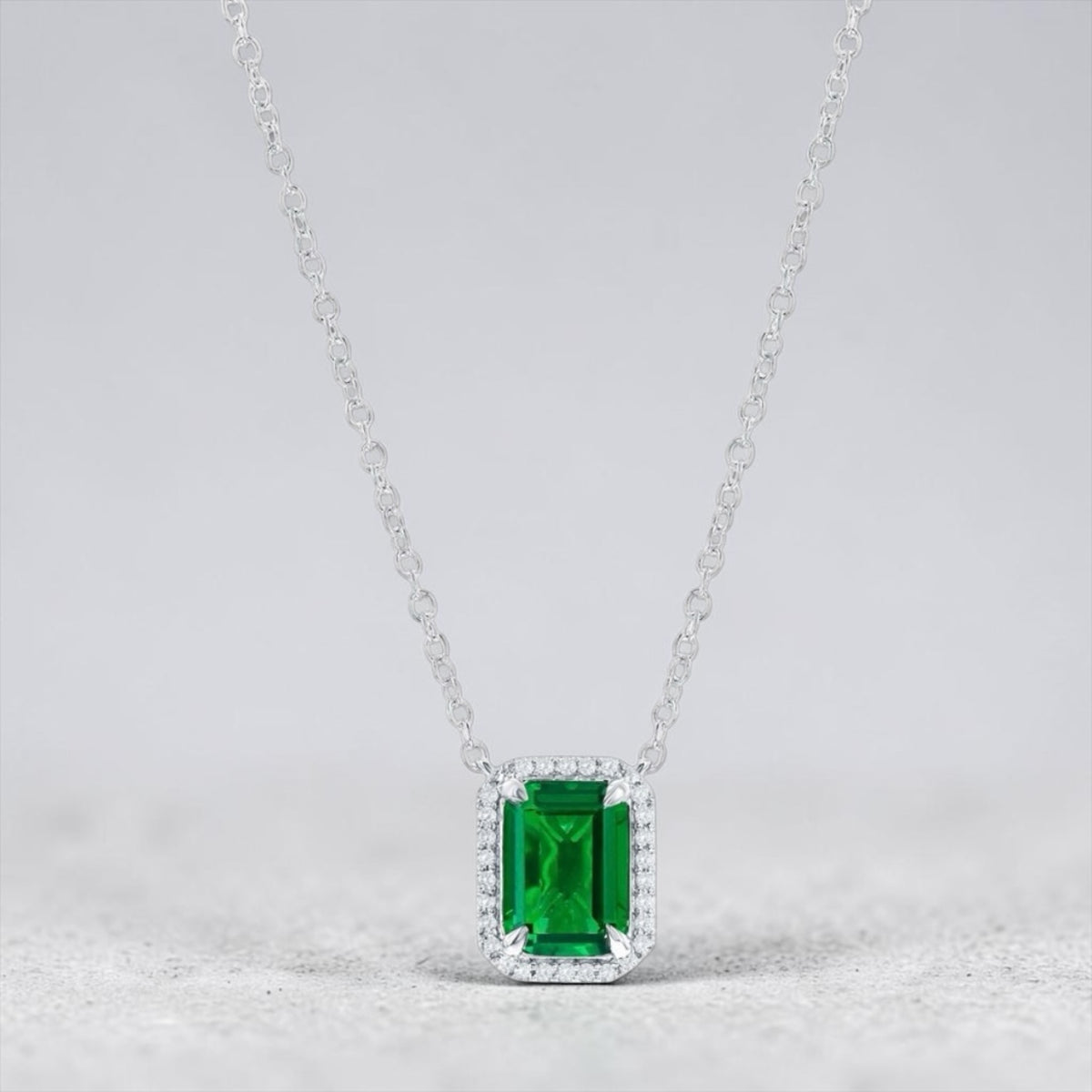 Sterling Silver, Lab-Grown 0.77ct Emerald & 0.06ct Natural Diamond Necklace