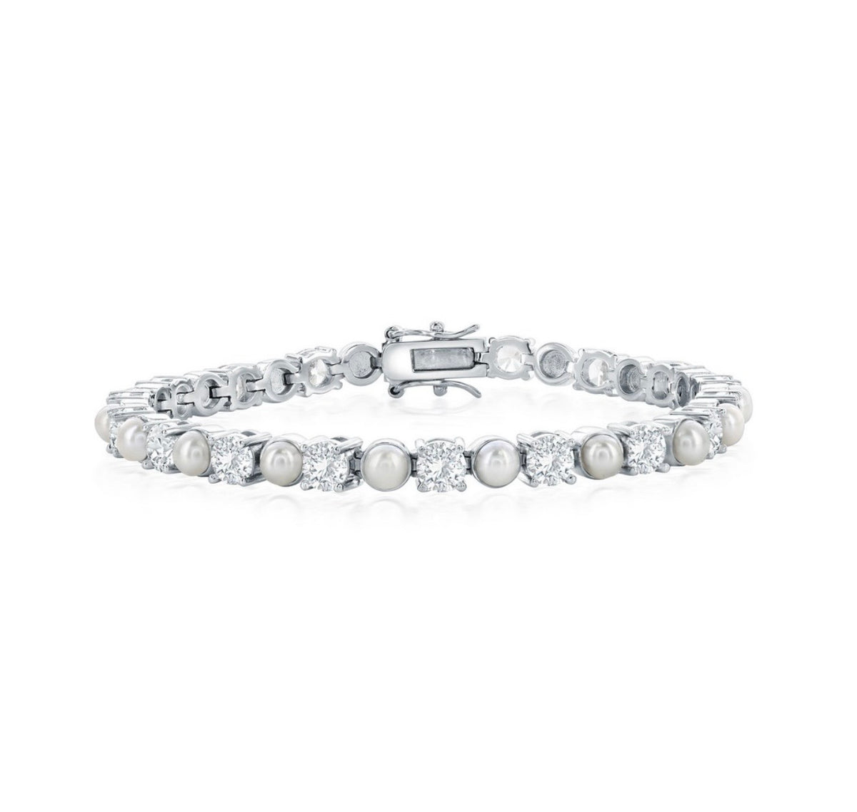 Sterling Silver, Alternating Pearl & Crystalline Tennis Bracelet 7.5 inch