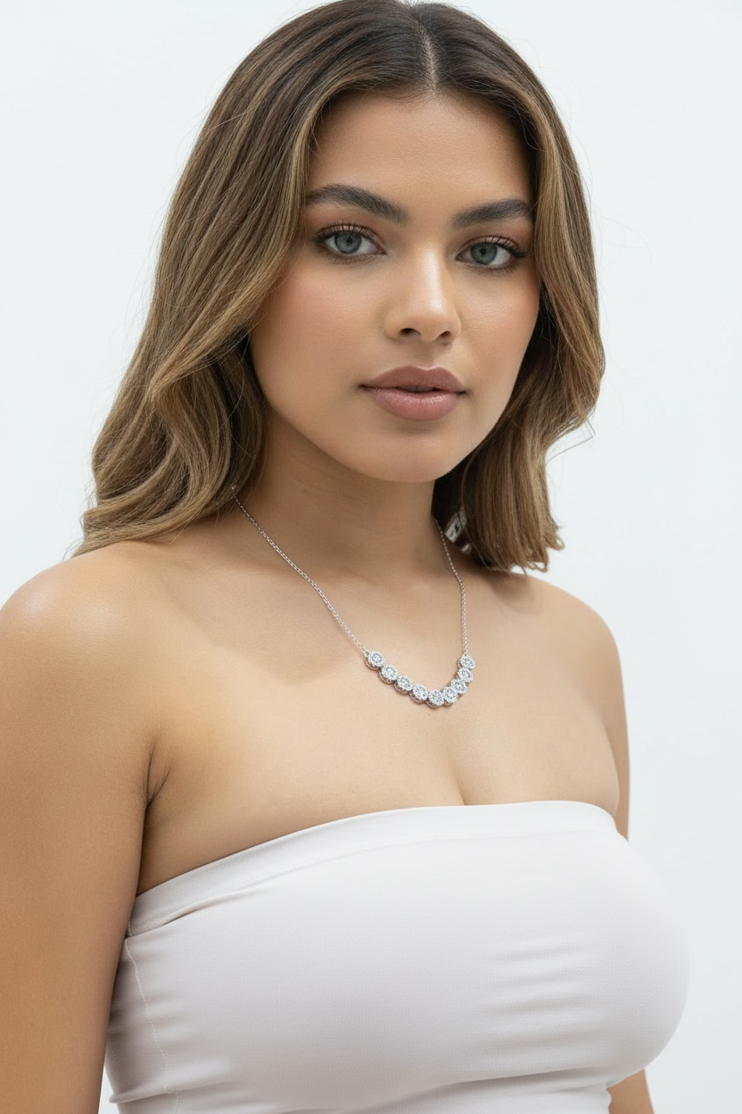 Sterling Silver Round Halo Diamond Necklace - (99 Stones)