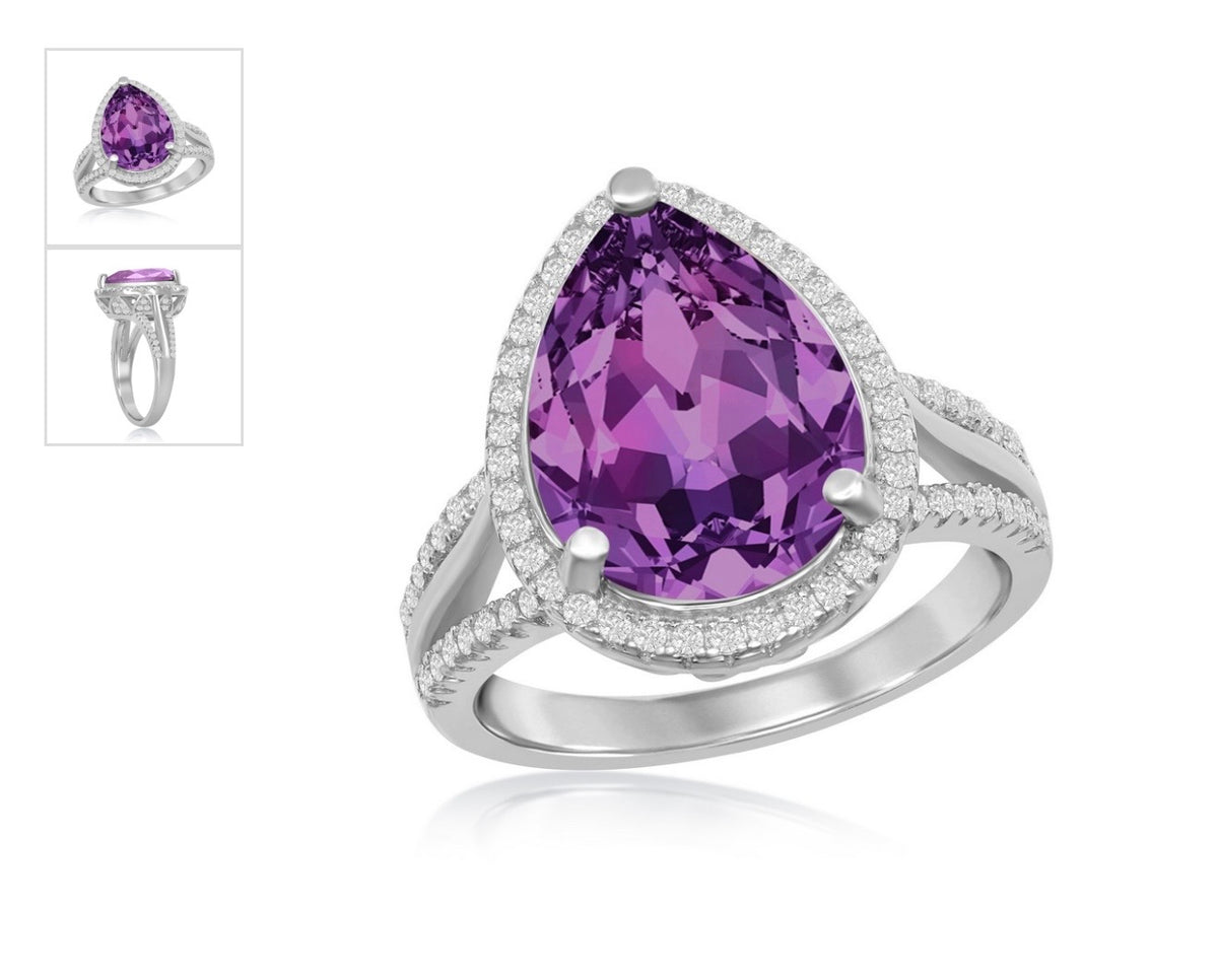 Sterling Silver, Crystal and 14x10mm Pearshaped Amethyst Swarovski Element Halo Ring