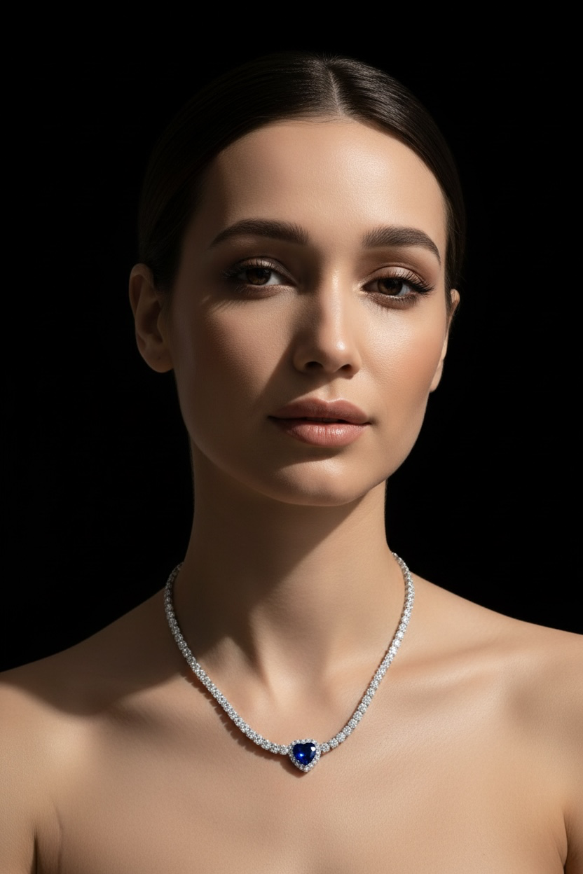 Sterling Silver, Heart Crystalline Tennis Necklace - Sapphire Queen Style