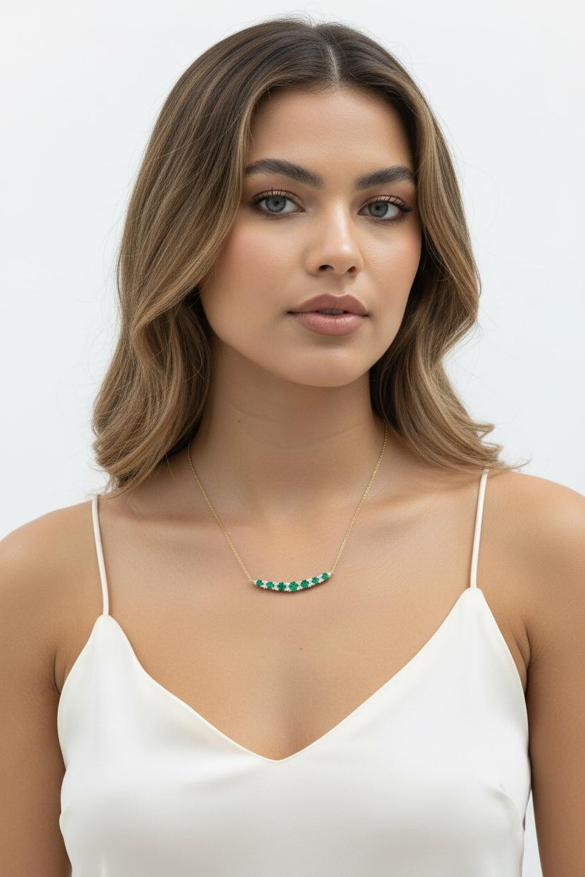 14K Yellow Real Solid Gold, Round 0.36ct Emerald, Graduating Diamond Necklace