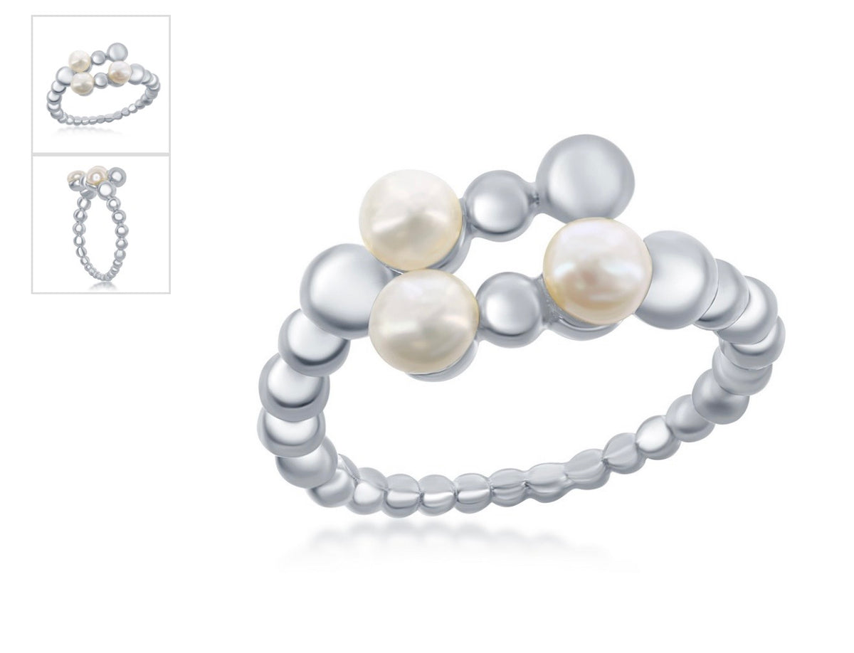 Sterling Silver, Fresh Water Pearl & Beaded Open Ring