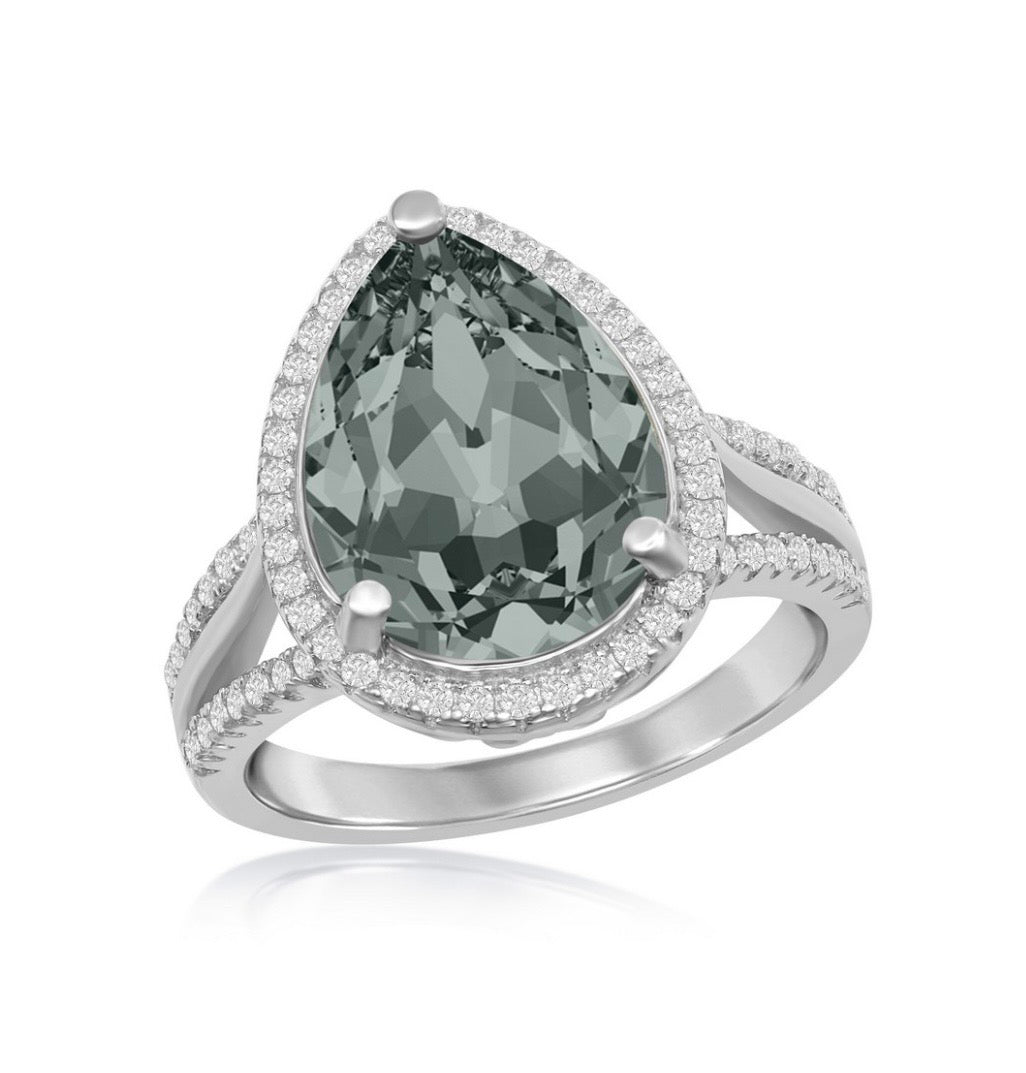 Sterling Silver 14x10mm Pearshaped Halo Crystal Black Diamond Swarovski Element Ring
