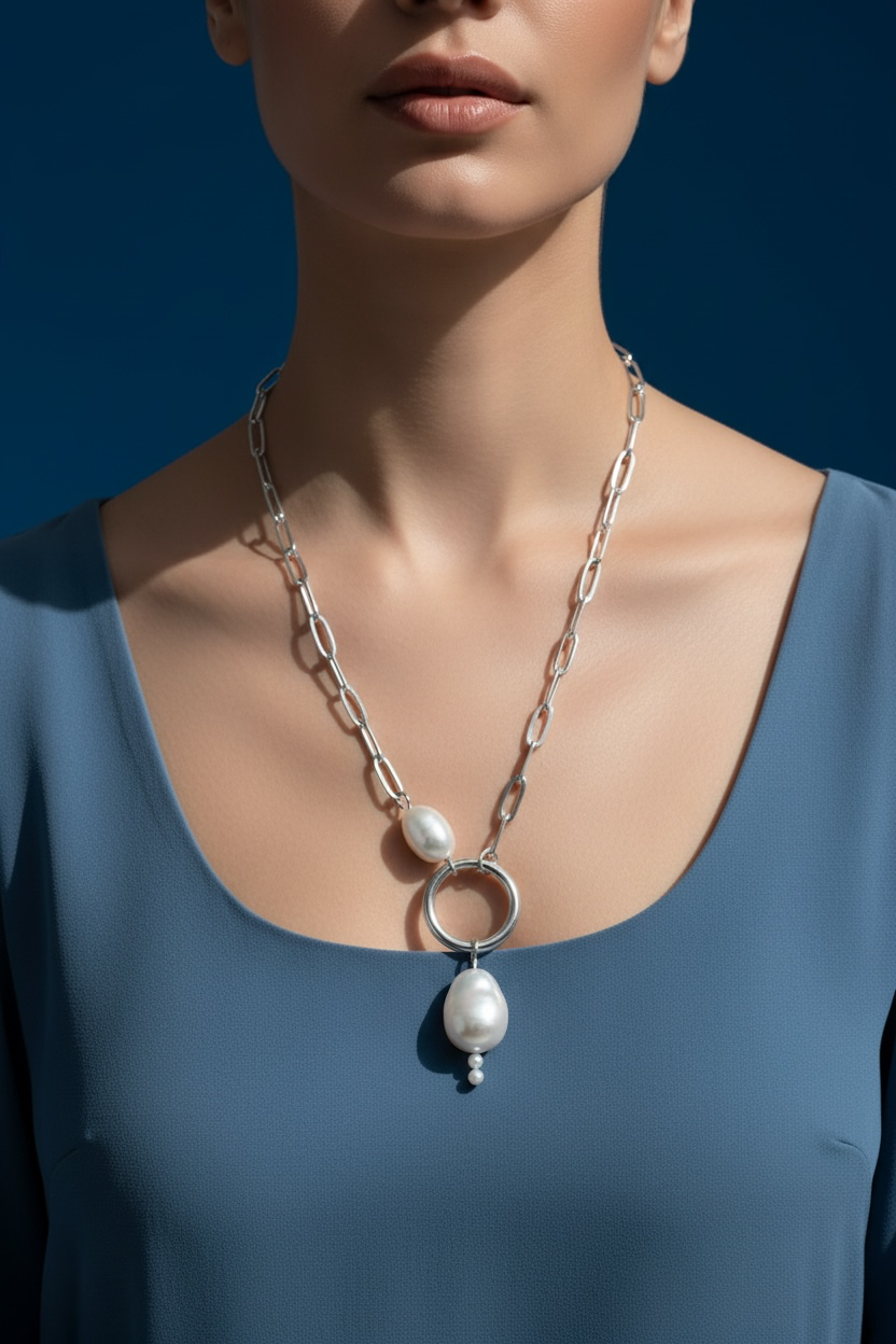 Sterling Silver Freshwater Pearl Paperclip Necklace