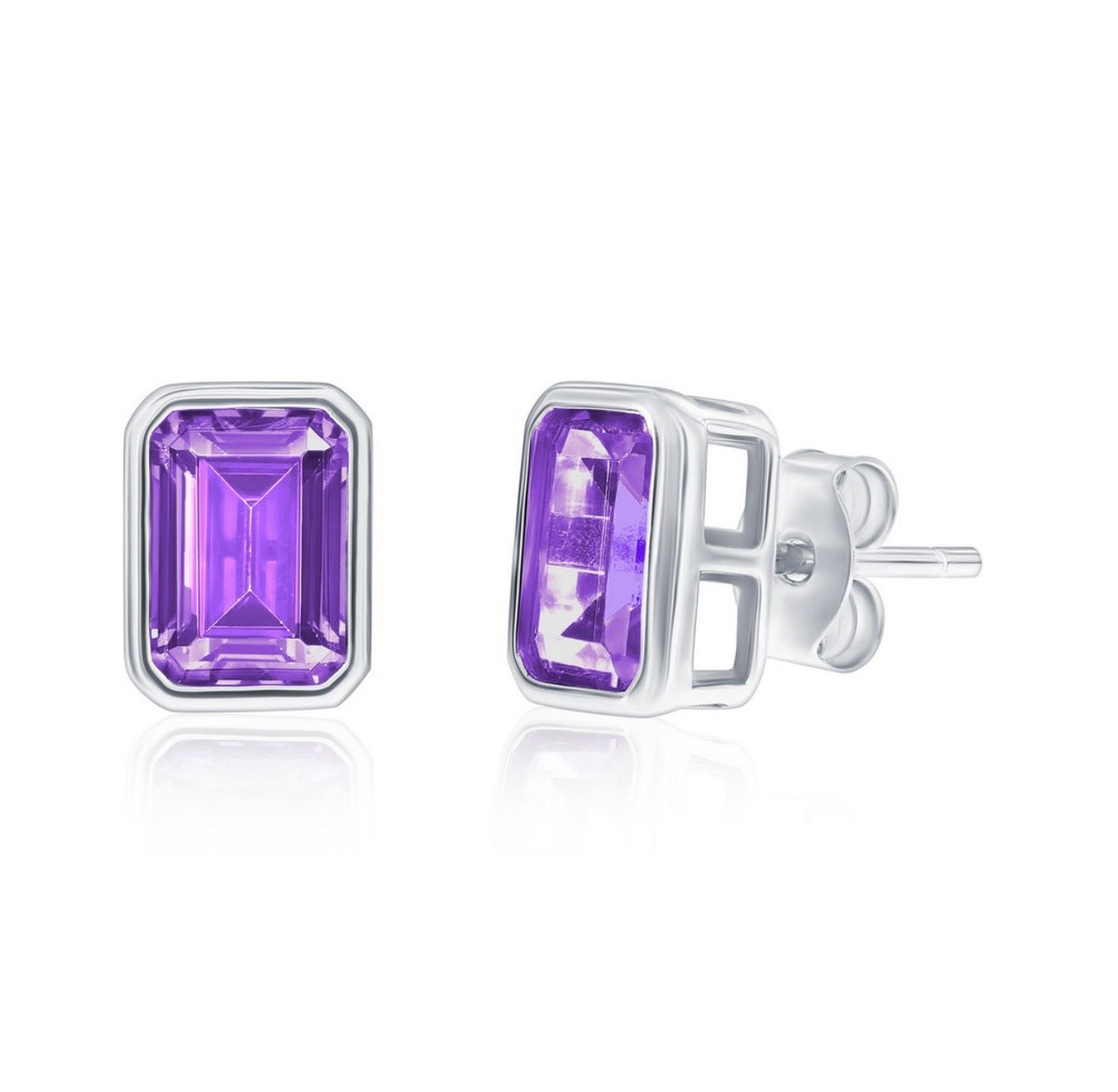 Sterling Silver, 'Feburary' Birthstone Rectangle CZ Studs - Amethyst 8X6mm