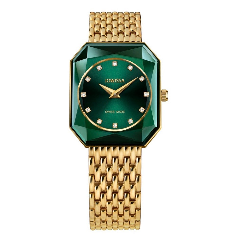 FACET RADIANT, Princess-Cut, Gold Plated Swiss Quartz Watch, 15mm Band - Green Dial