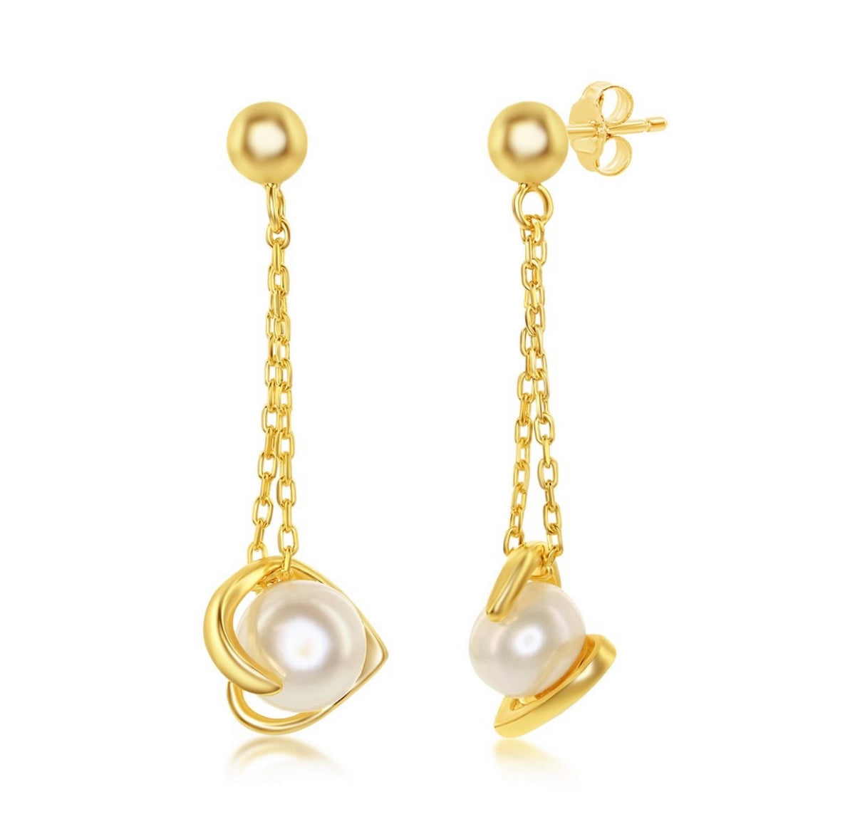 Sterling Silver, 6mm FWP Heart Chain Pearl Earrings