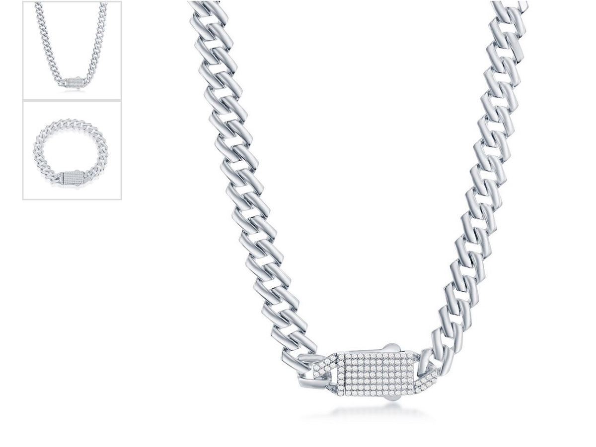 Sterling Silver, 9mm Monaco Chain, with Lock