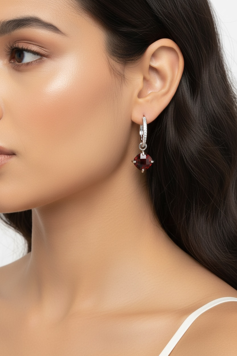 Sterling Silver Hanging Square Gemstomes on Dime Sized Hoop Earrings