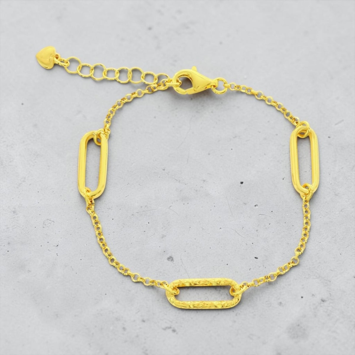 Sterling Silver Polished andTextured Paperclip Design Bracelet 14k Gold Plated