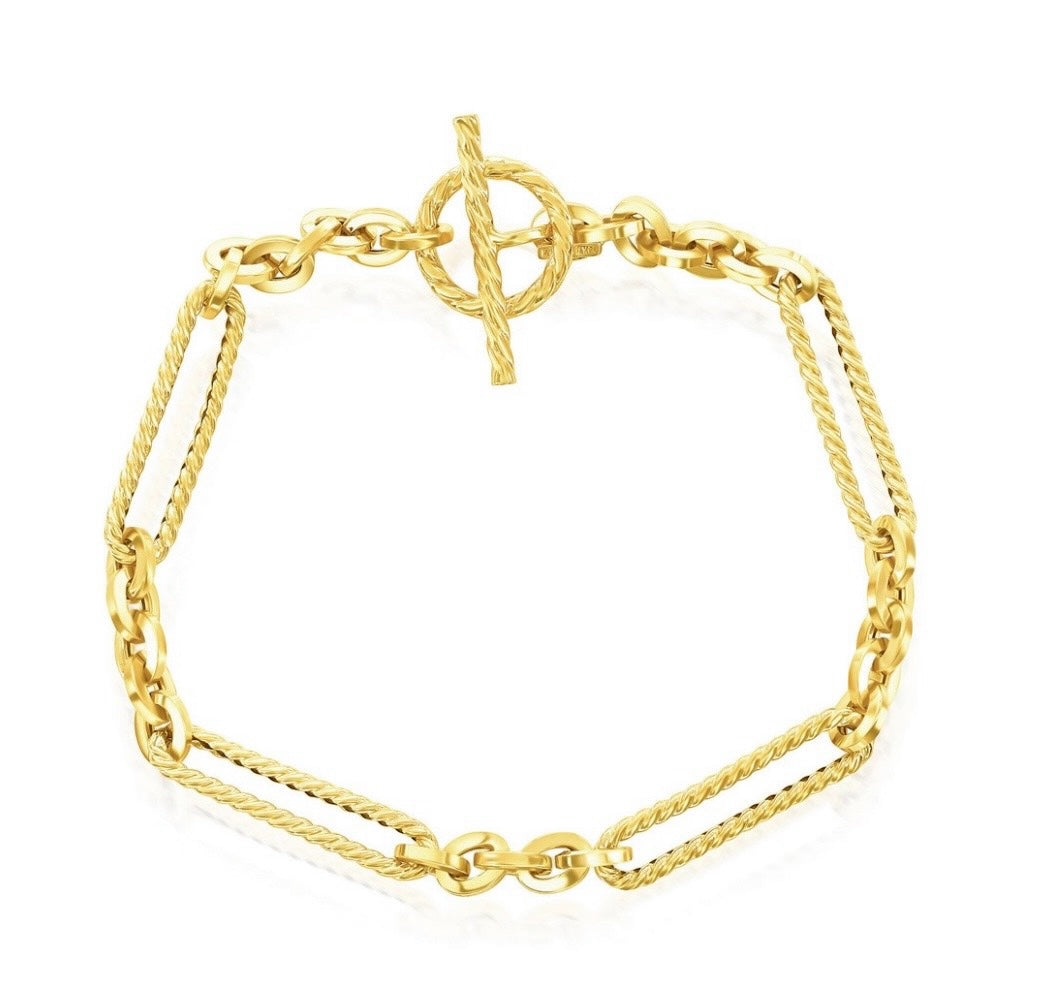 14K Real Yellow Gold, Rope Design Paperclip Toggle Bracelet 7.5”