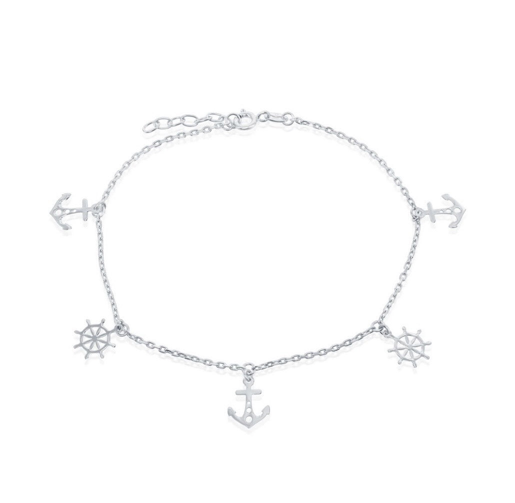Sterling Silver, Alternating Anchor and Ship Wheel Anklet