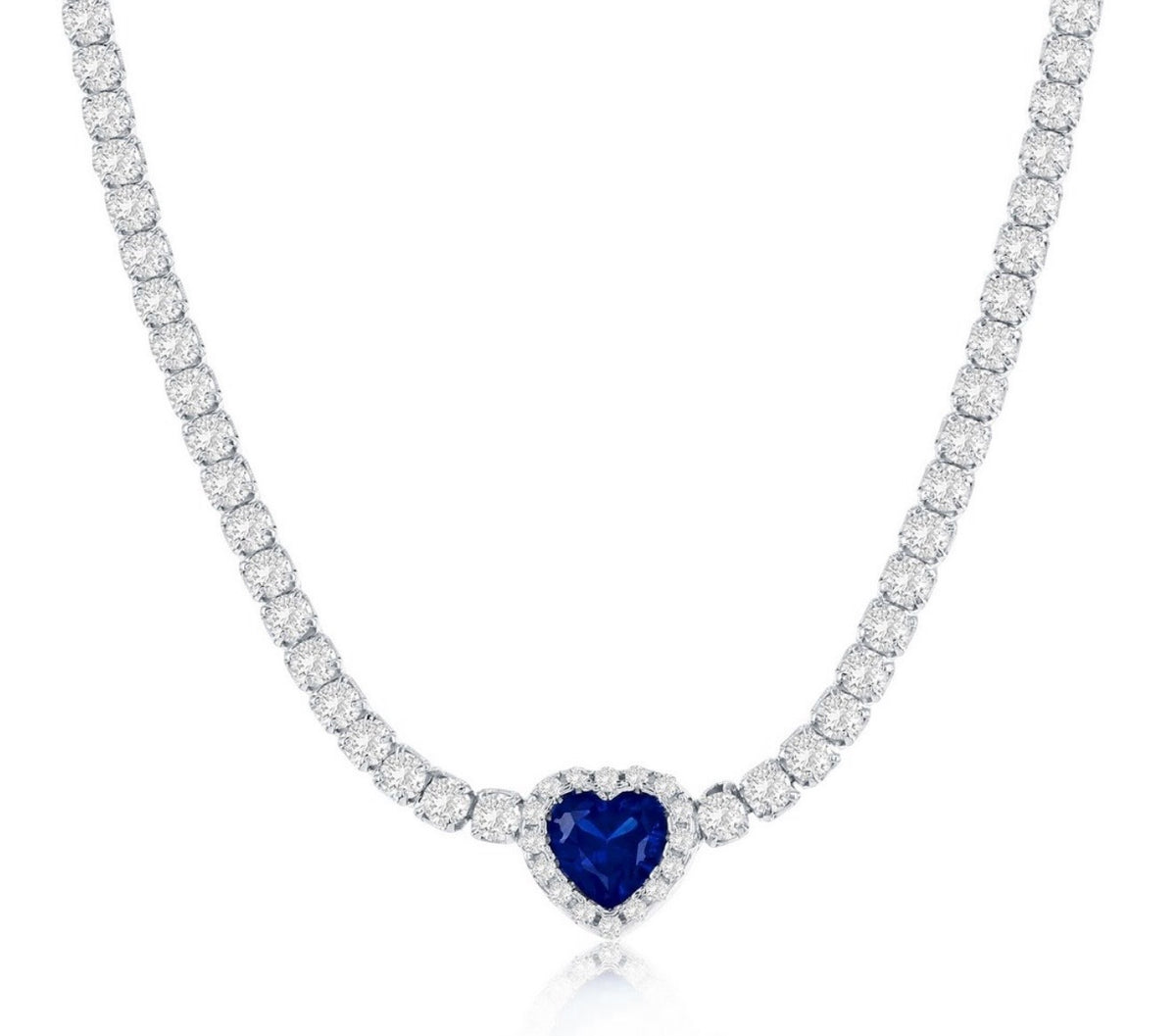 Sterling Silver, Heart Crystalline Tennis Necklace - Sapphire Queen Style
