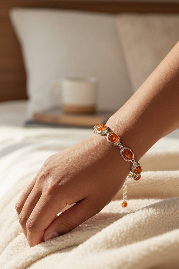 Sterling Silver Oval Amber Designed Outline Bracelet