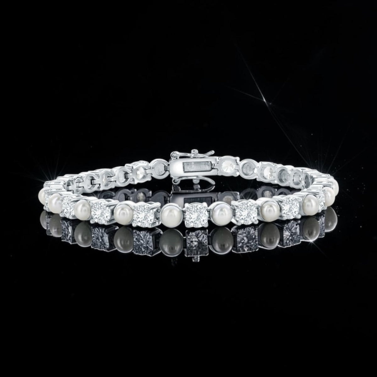 Sterling Silver, Alternating Pearl & Crystalline Tennis Bracelet 7.5 inch