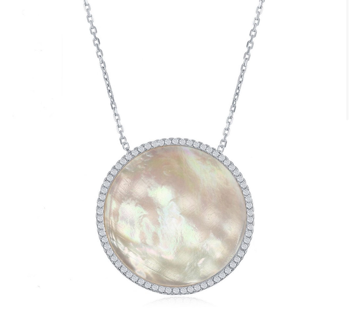 Sterling Silver Mother of Pearl Disc with Crystal Border Necklace
