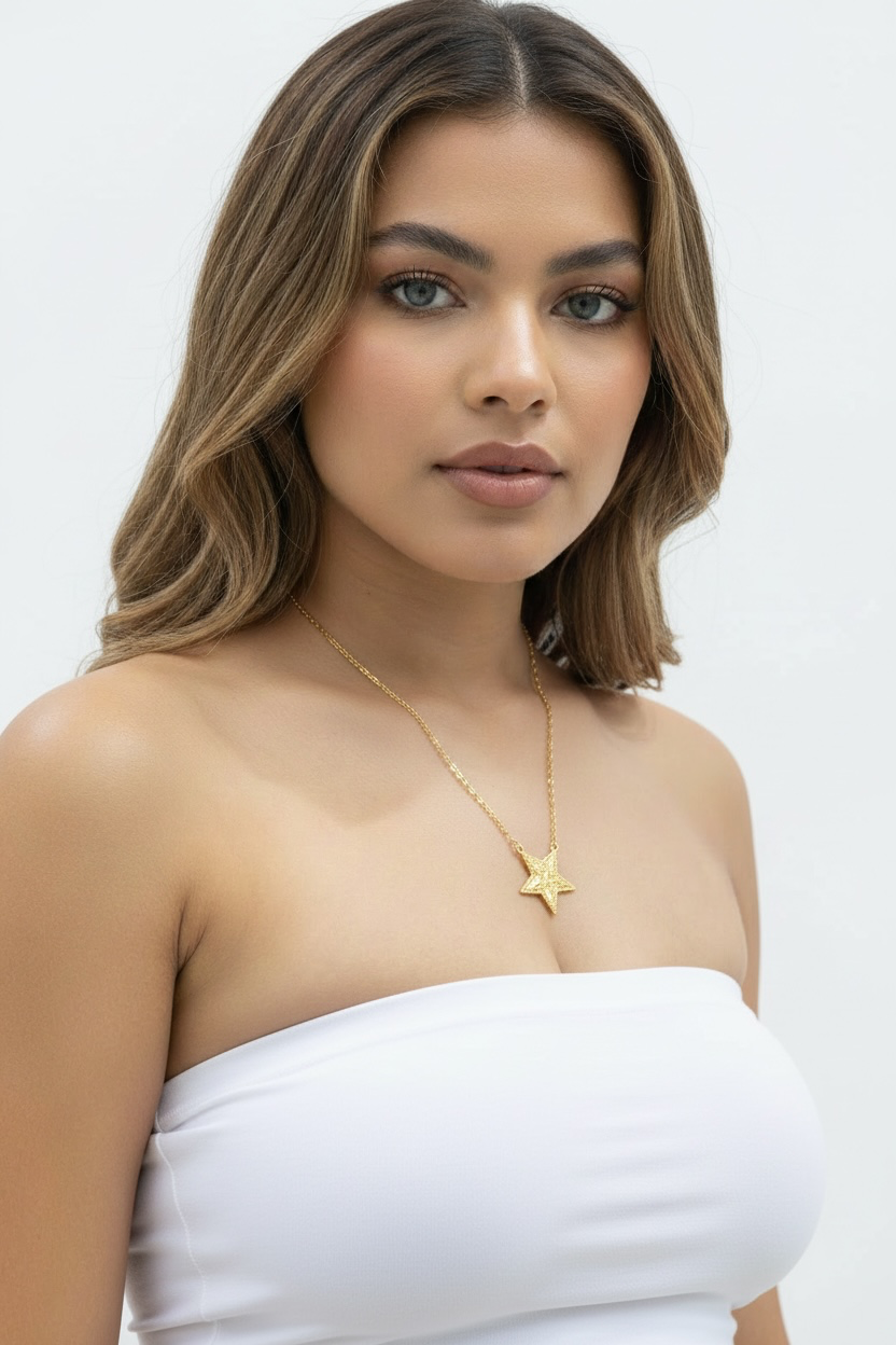 14K Yellow Real Solid Gold, Beaded Outline D-C Star Necklace