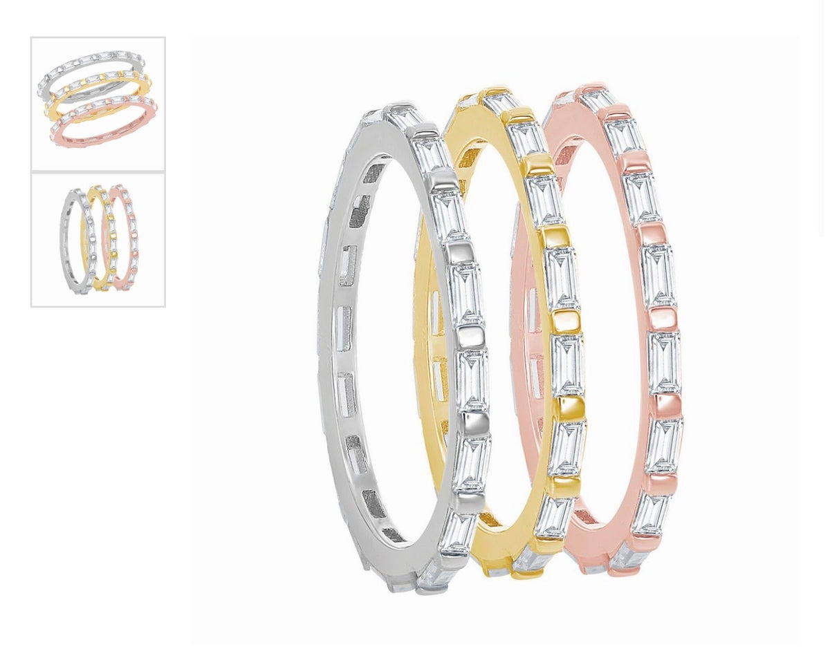 Sterling Silver, Tri-Color Baguette and Beaded Eternity Triple Band Ring