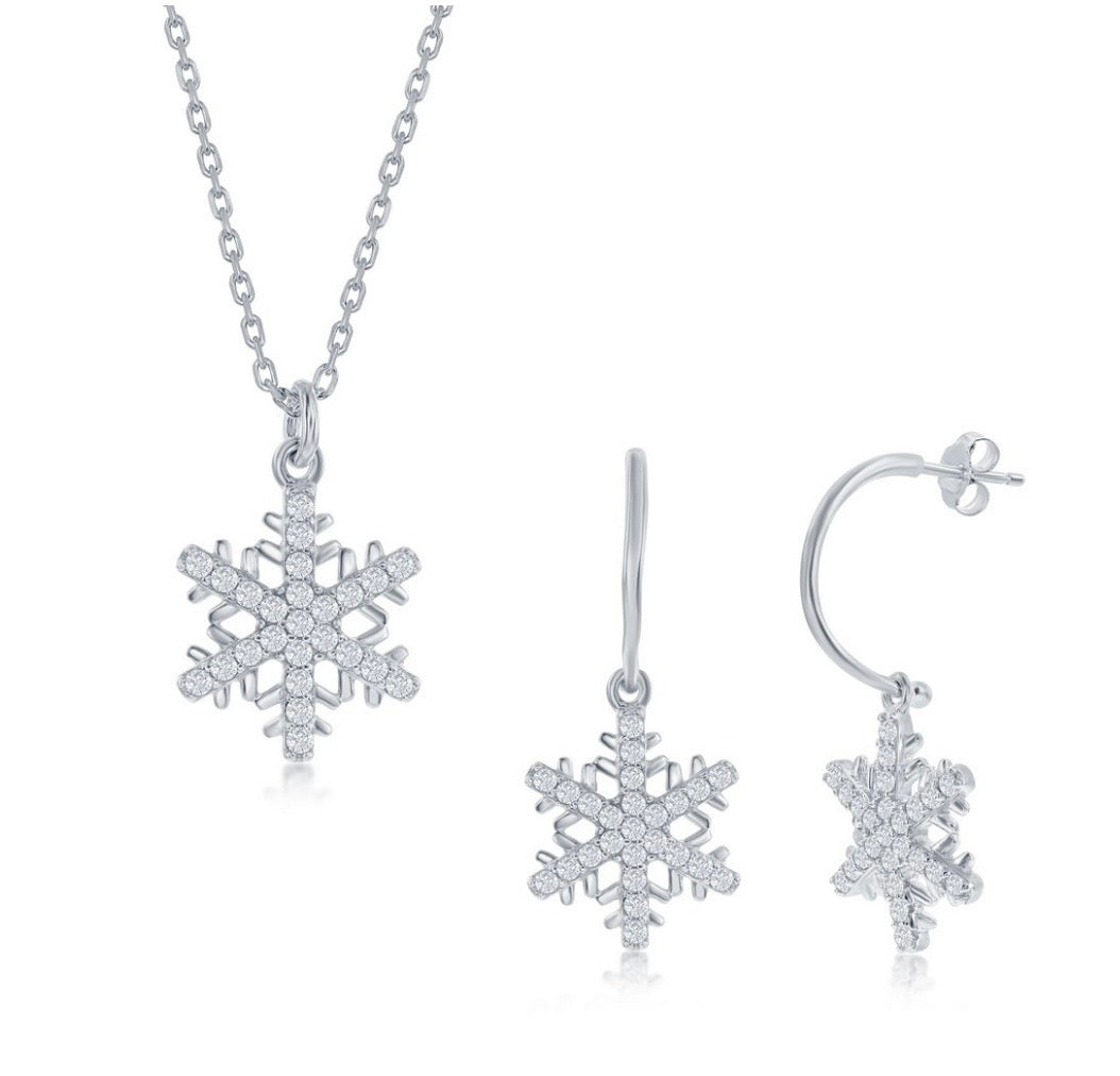 Sterling Silver Snowflake Necklace and Earrings Set