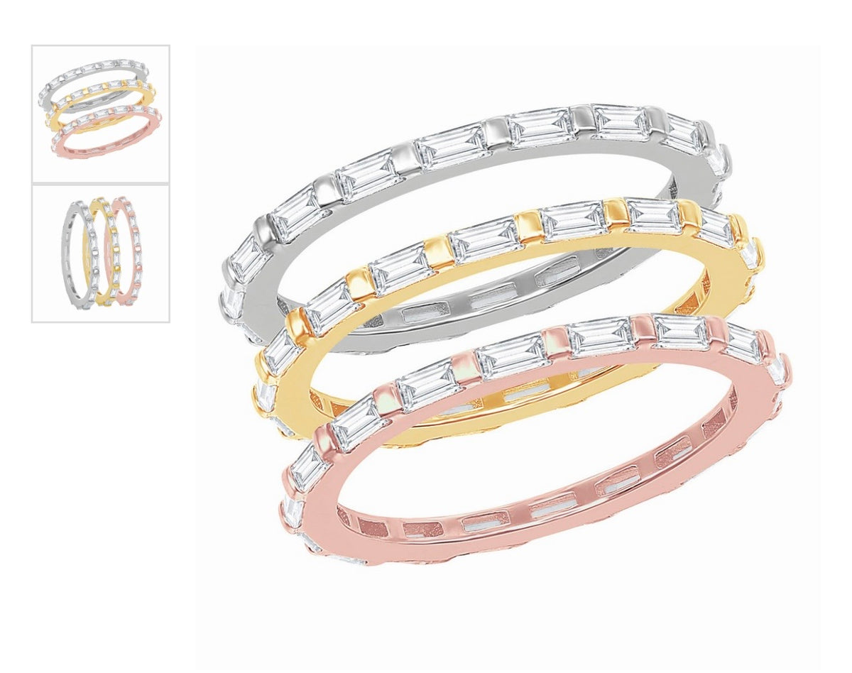 Sterling Silver, Tri-Color Baguette and Beaded Eternity Triple Band Ring