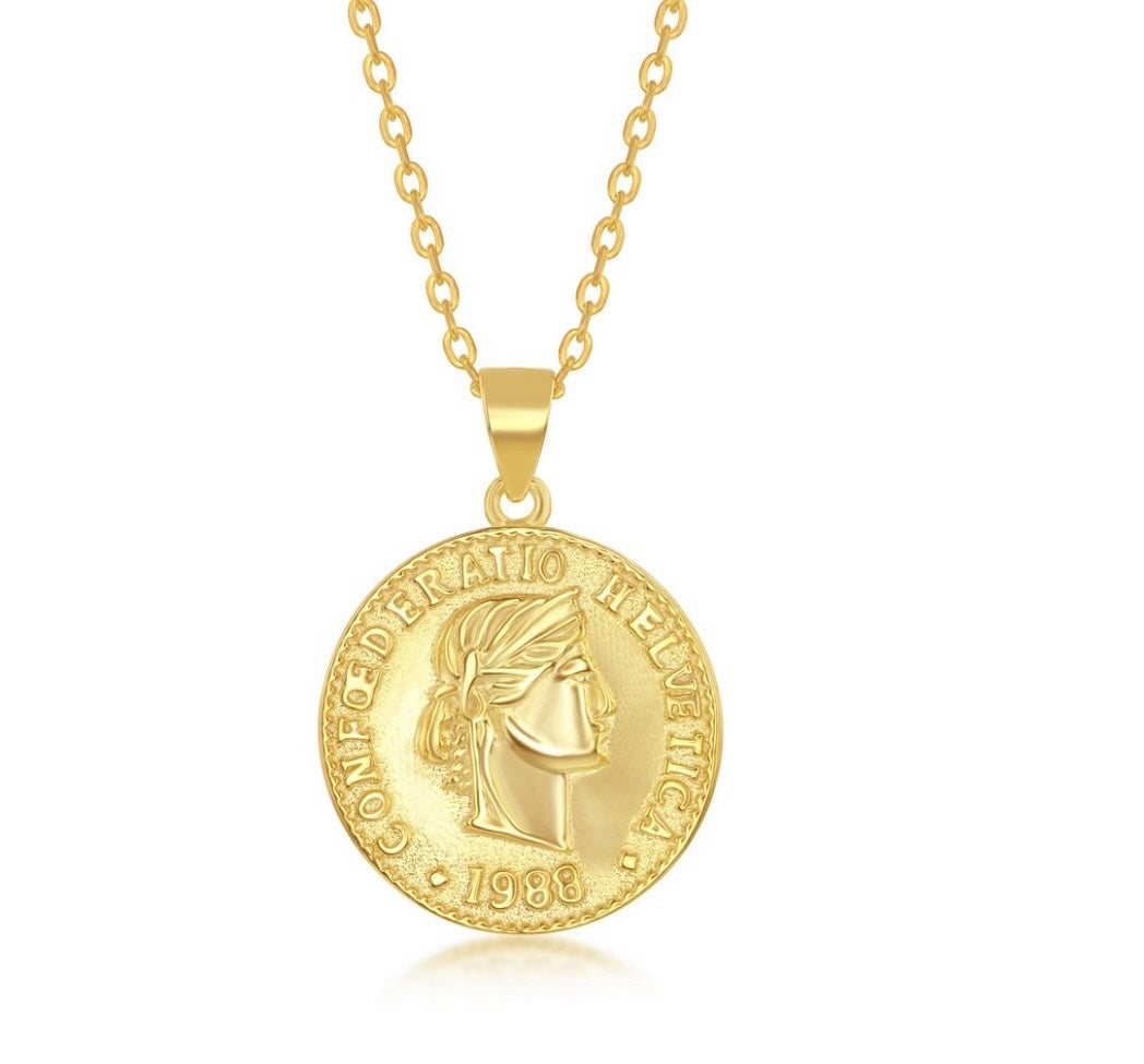 Sterling Silver Confoederatio Helvetica Coin Style Necklace 14k Gold Plated