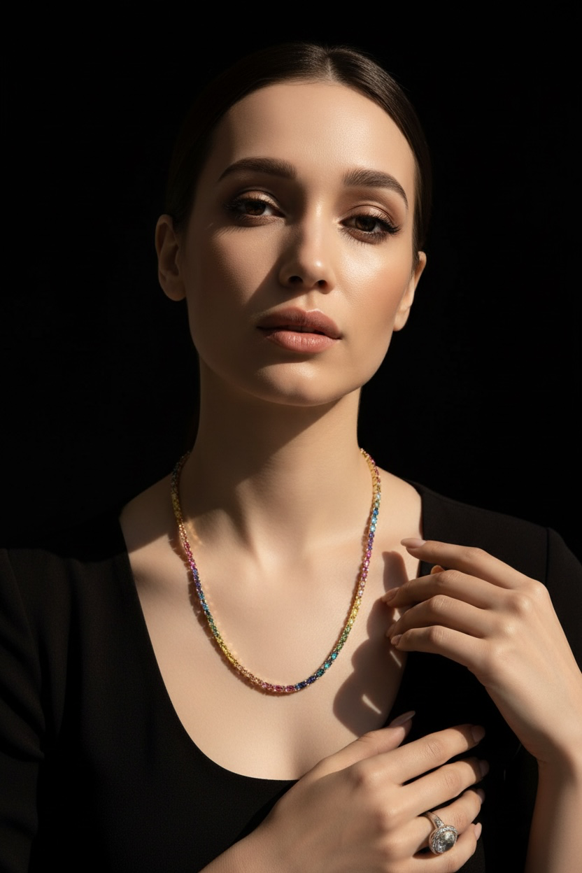 Sterling Silver, Oval Rainbow Crystal Necklace