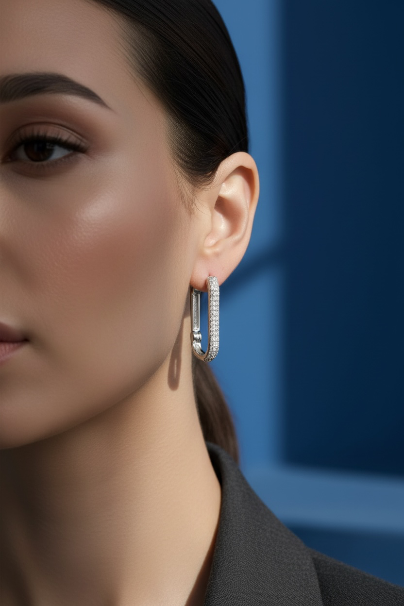 Sterling Silver U-Shaped Diamond Hoop Earrings