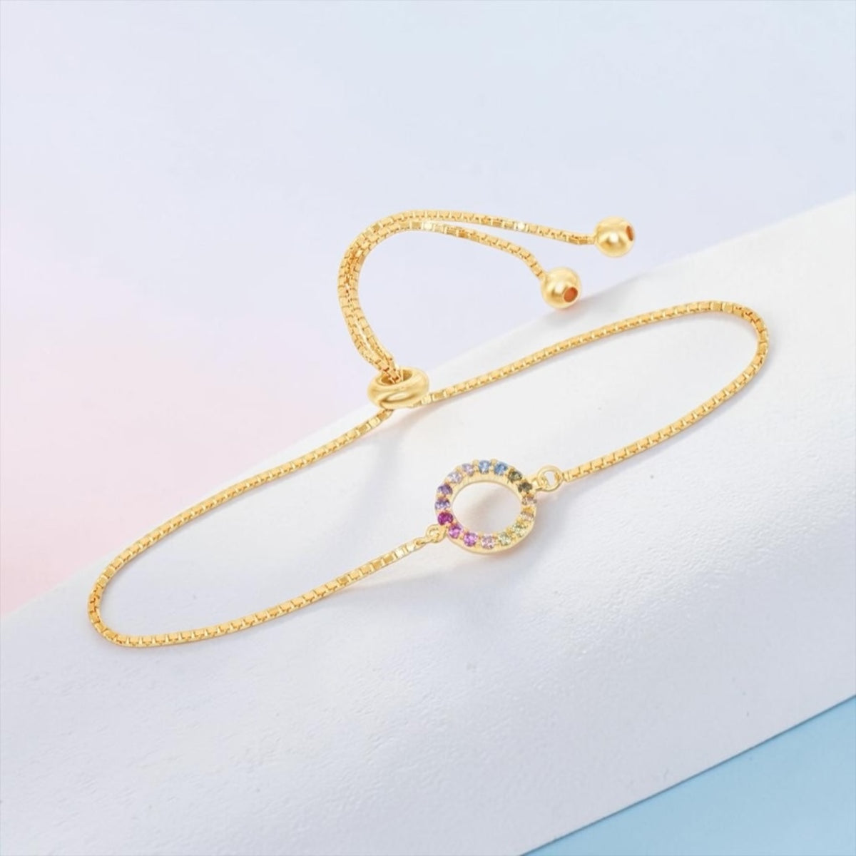 Sterling Silver, Rainbow Open Circle With Box Chain Adjustable Bolo Bracelet Gold