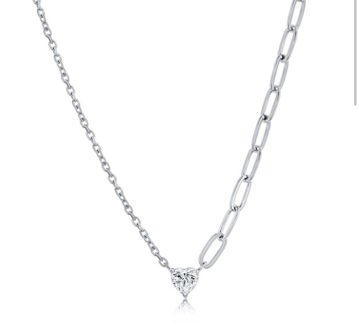 Sterling Silver, Heart Ruby/Crystal Half Cable & Paperclip Chain Necklace