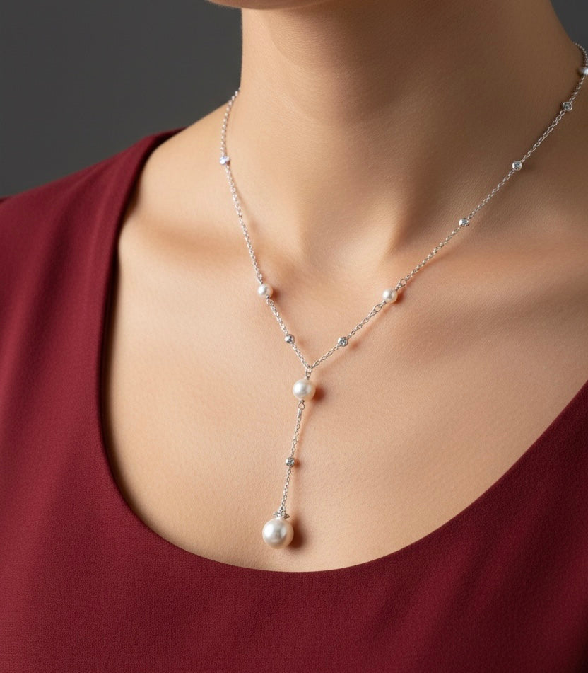 Sterling Silver 6mm Pearls with Moon Beads and Larger 8mm Pearl Necklace