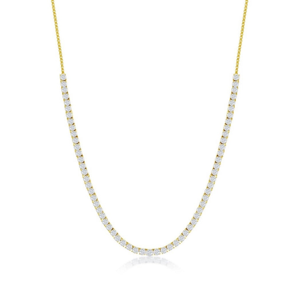 Sterling Silver, 3mm Crystal Tennis Adjustable Necklace - Gold Plated