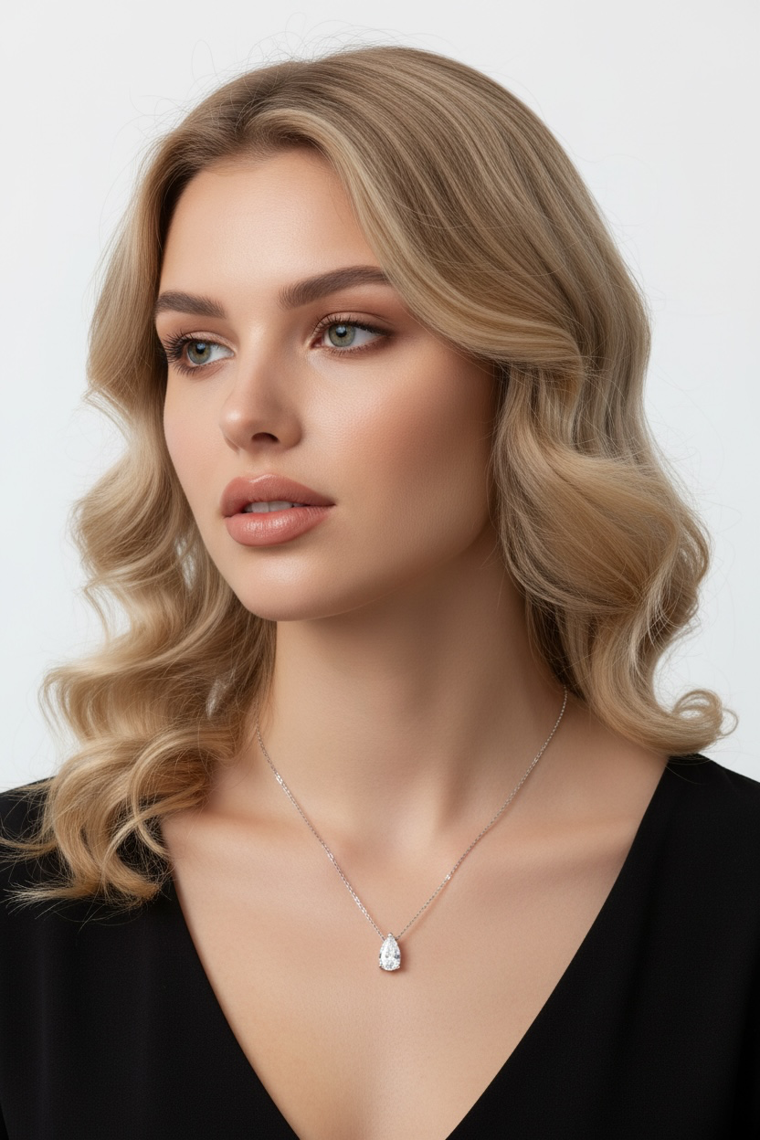 Sterling Silver, Lab-Grown 8x5mm Pearshaped Diamond Necklace