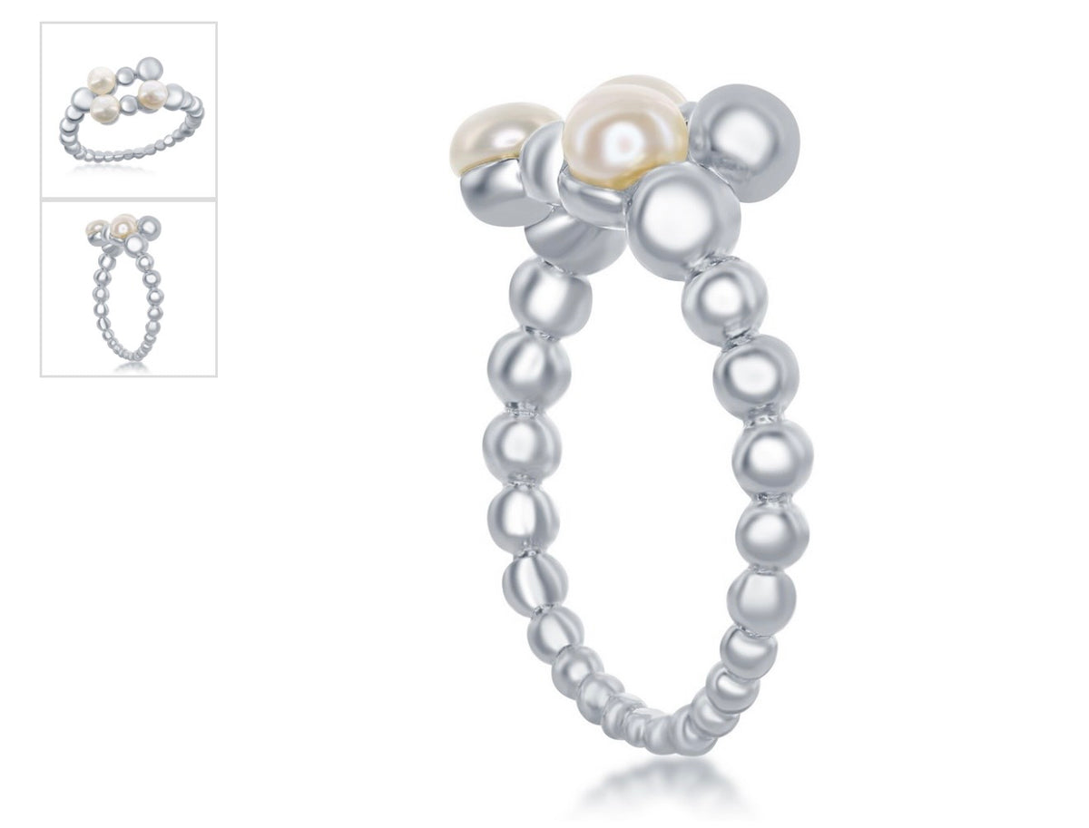Sterling Silver, Fresh Water Pearl & Beaded Open Ring