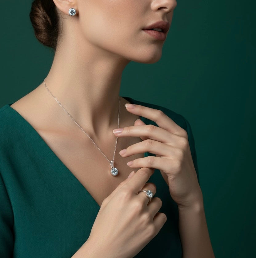 Sterling Silver "March" Birthstone Set - Created Aquamarine
