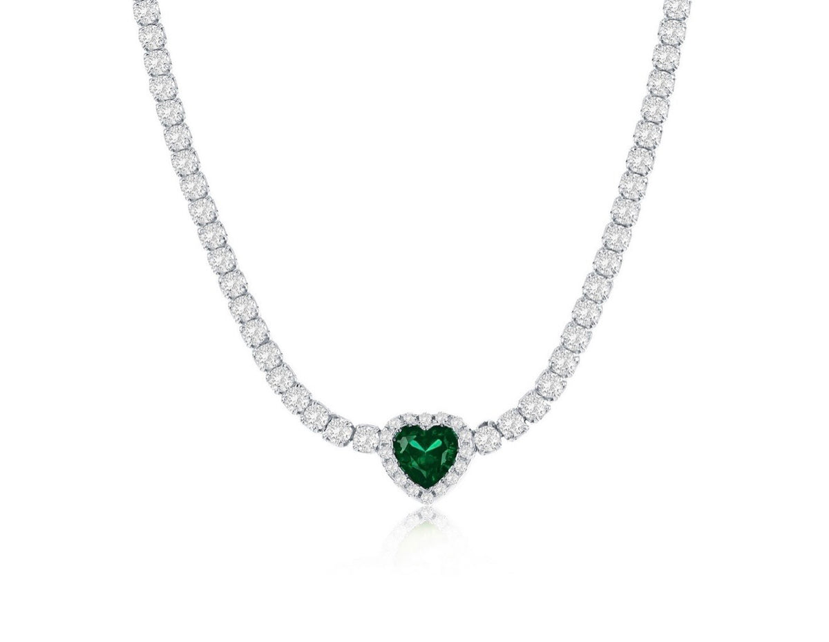 Sterling Silver, Heart CrystallineTennis Necklace - Emerald