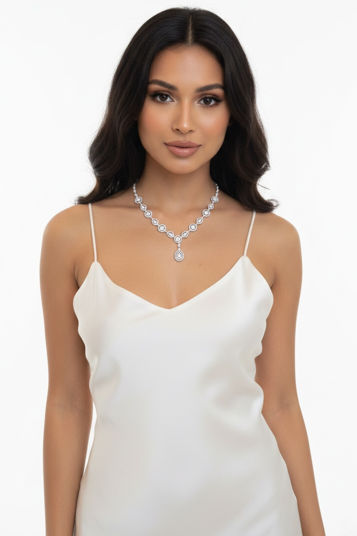Sterling Silver, Round & Pearshaped Halo Diamond Necklace Bridal or Special Occasion
