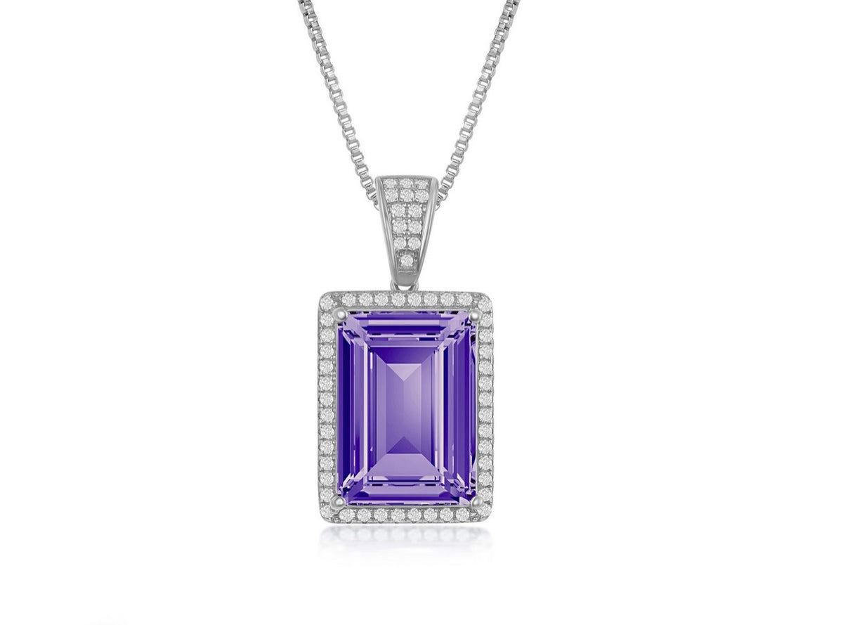 Sterling Silver CZ & 14x10mm Rectanglular Step-Cut Halo - Tanzanite Swarovski Element Ring