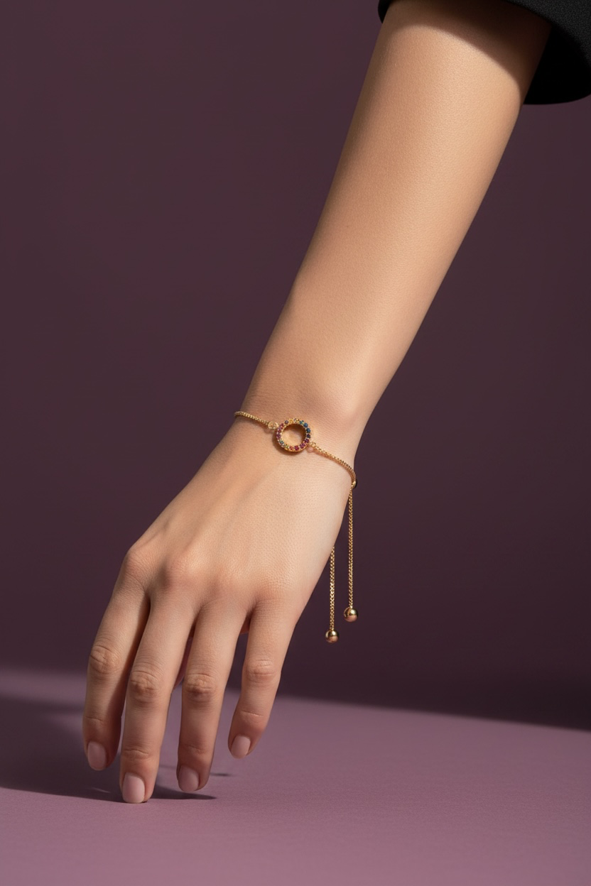 Sterling Silver, Rainbow Open Circle With Box Chain Adjustable Bolo Bracelet Gold