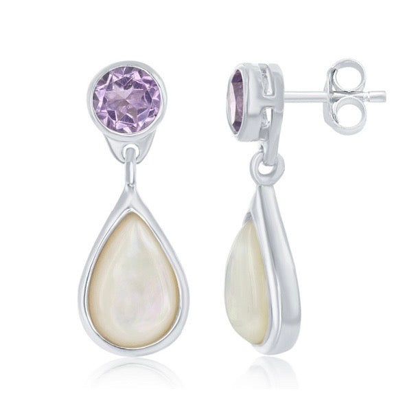 Sterling Silver Amethyst and Mother of Pearl Earrings