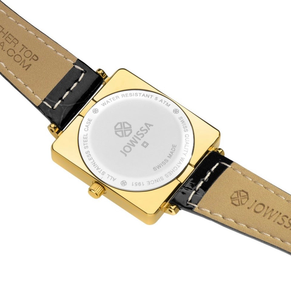 FACET PRINCESS, Princess-Cut, Gold Plated Swiss Quartz Watch, 15mm Band - Black Dial