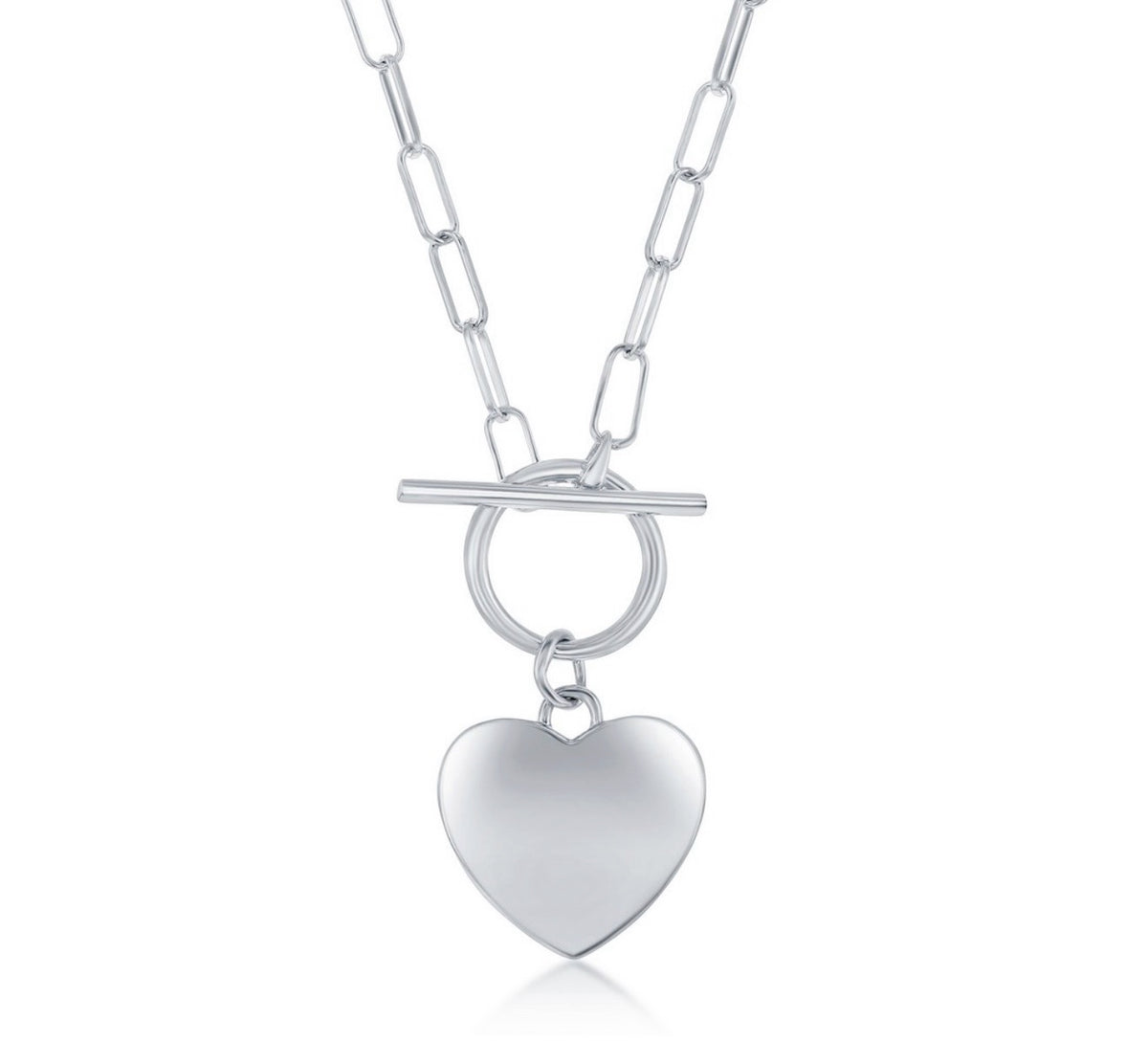Sterling Silver, Shiny Heart, Paperclip Chain & Toggle Necklace