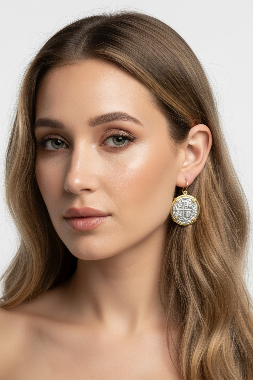 Replica Shipwreck Coin Earrings 925 sterling silver gold and silver two tone