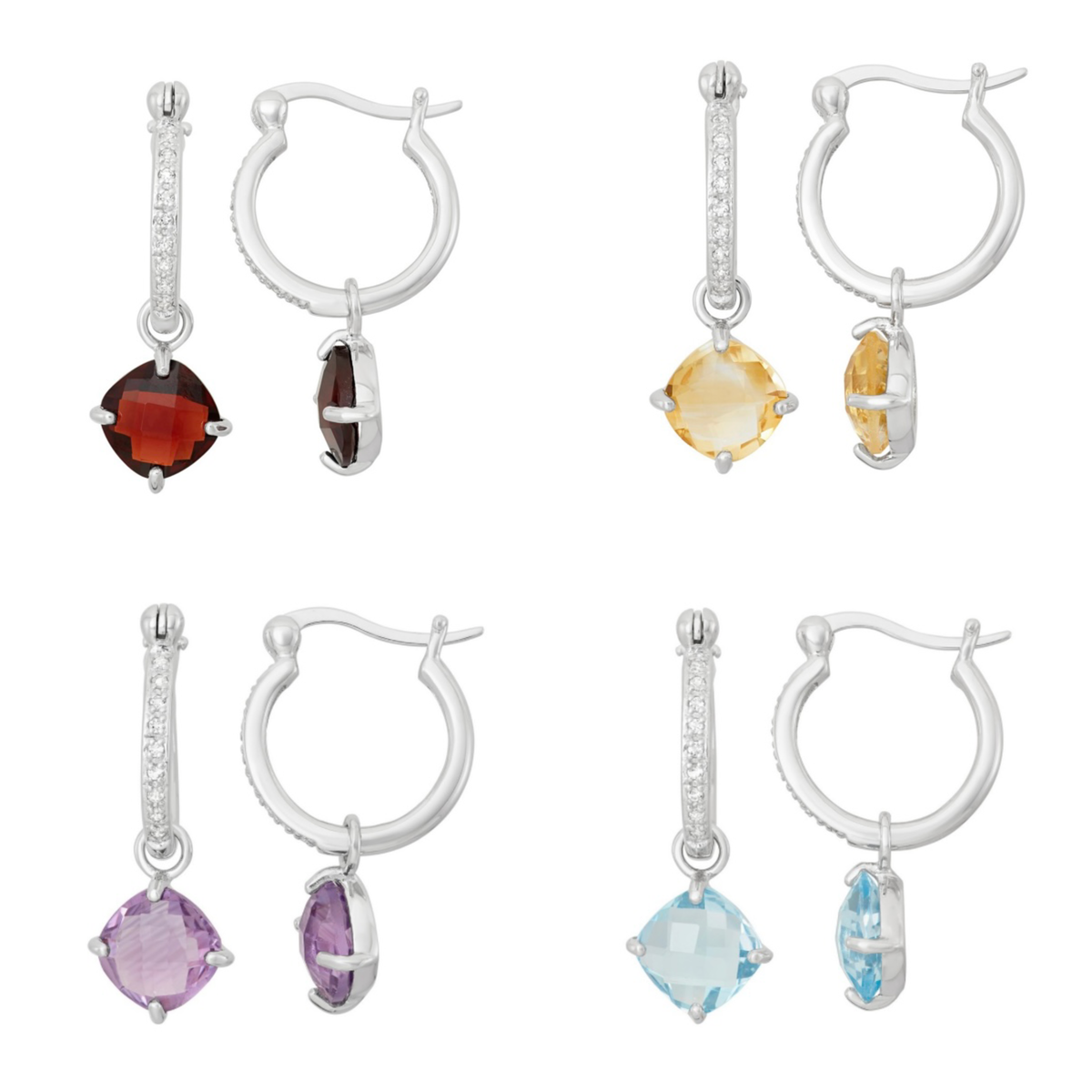 Sterling Silver Hanging Square Gemstomes on Dime Sized Hoop Earrings