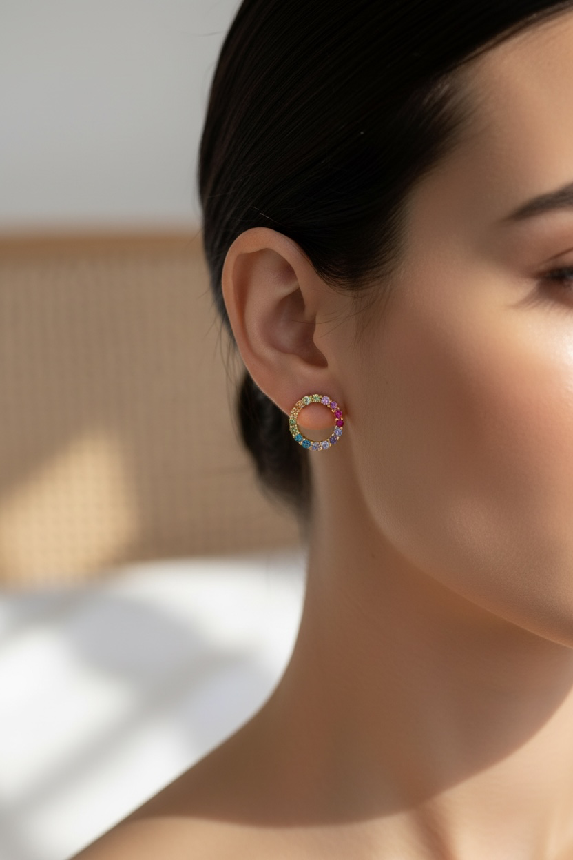 Sterling Silver Rainbow Open Circle Stud Earrings Gold