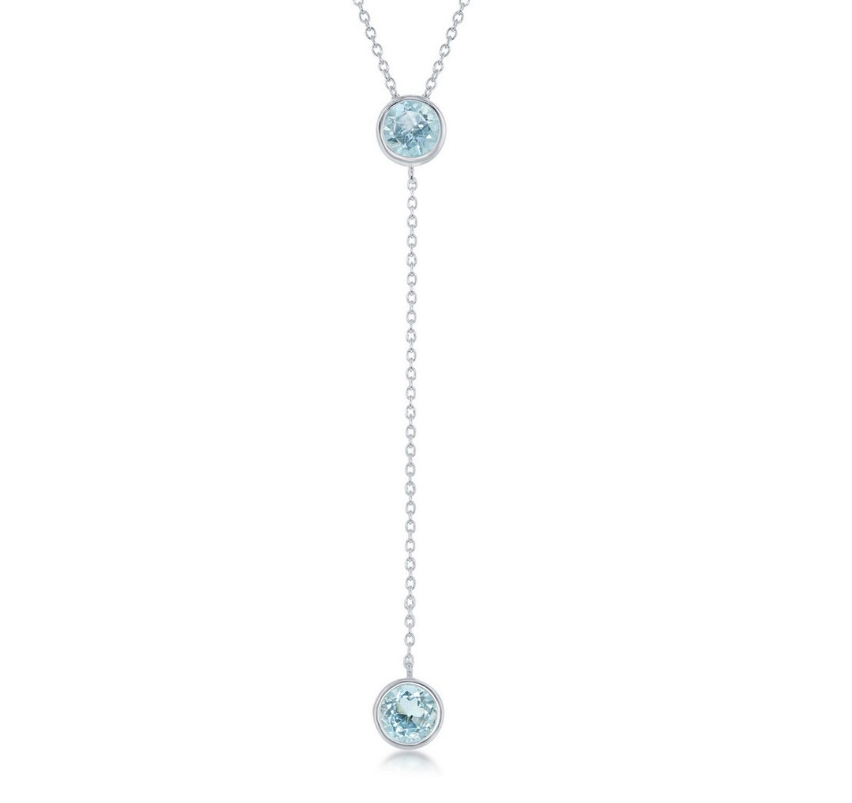 Sterling Silver, Round Blue Topaz w/ Long Hanging Chain & Round Blue Topaz Necklace