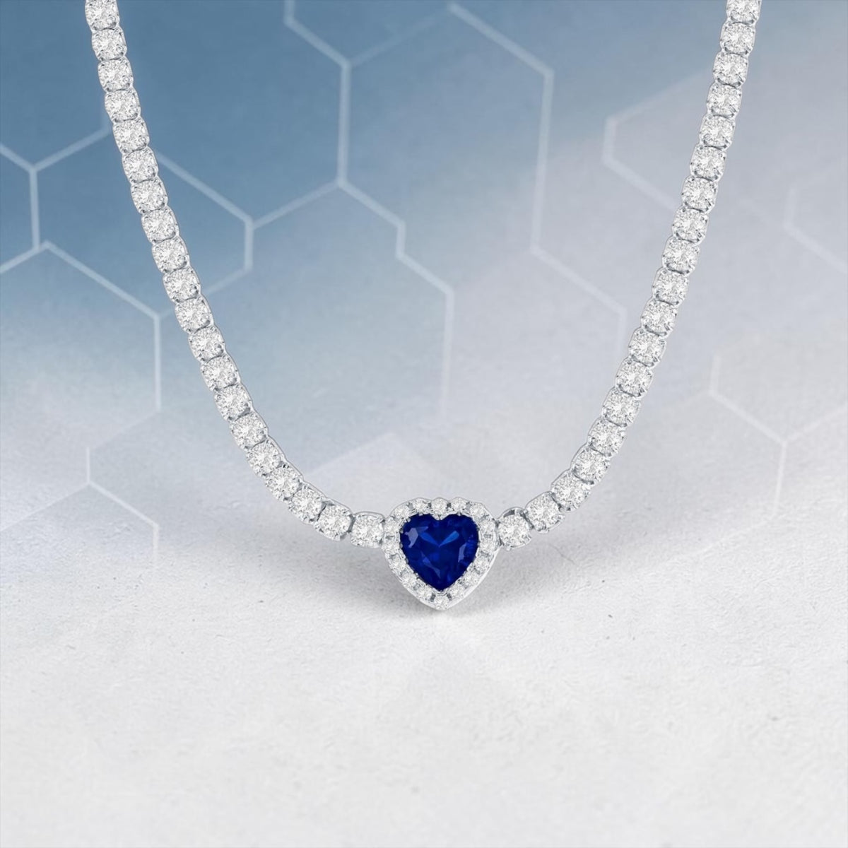 Sterling Silver, Heart Crystalline Tennis Necklace - Sapphire Queen Style