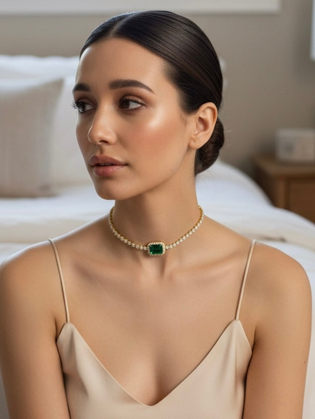 Sterling Silver Asscher Cut Emerald & Crystal Tennis Choker - Gold Plated