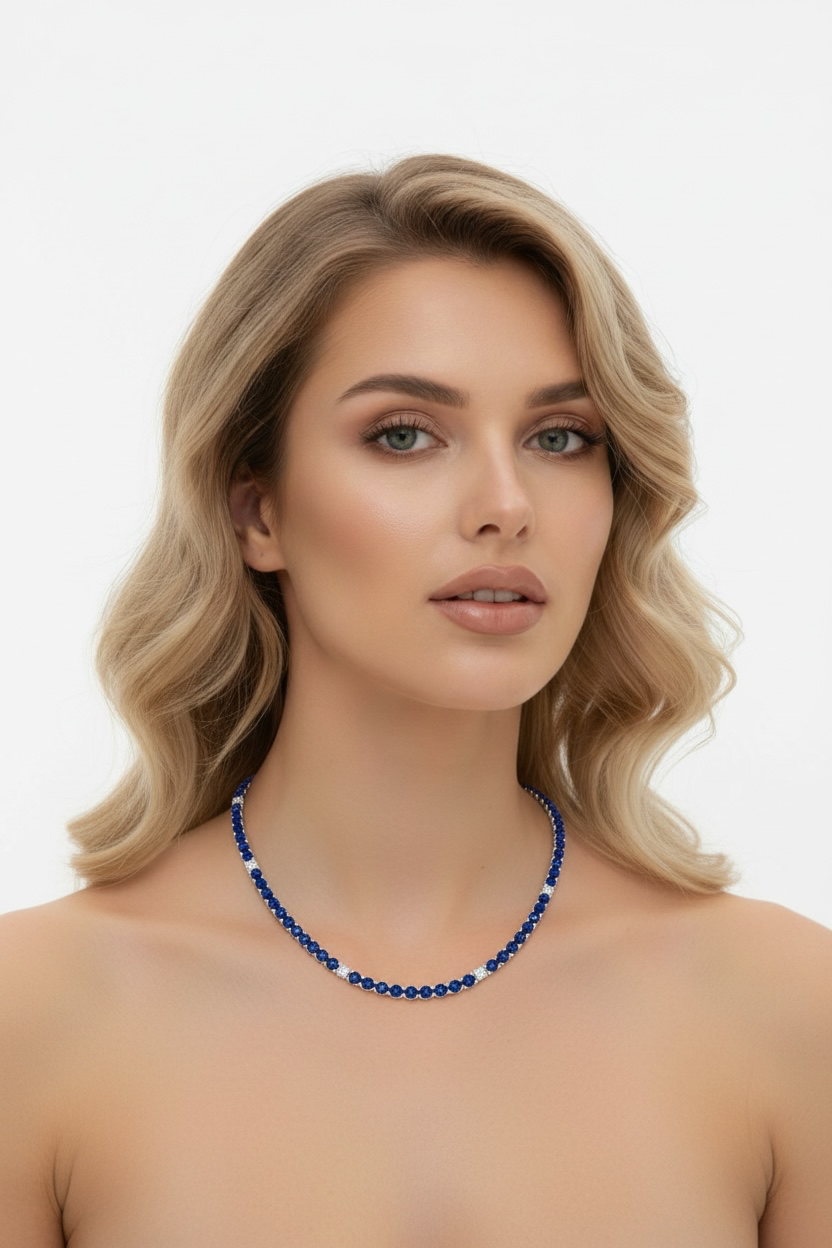Sterling Silver, 3.5mm Round CZ Tennis Necklace - Emerald Spinel 17 inches